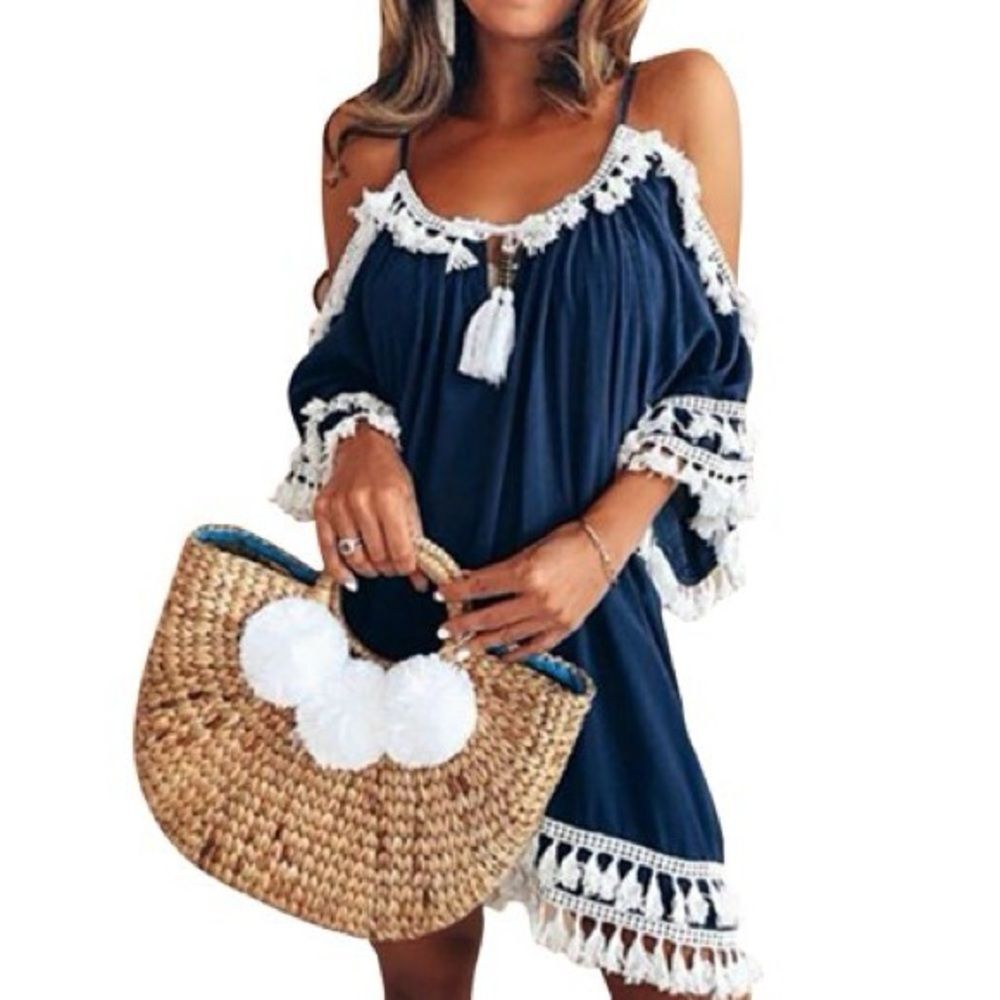Surf Gypsy Tassel Trim Cold-Shoulder Dress in Navy | Size Small
